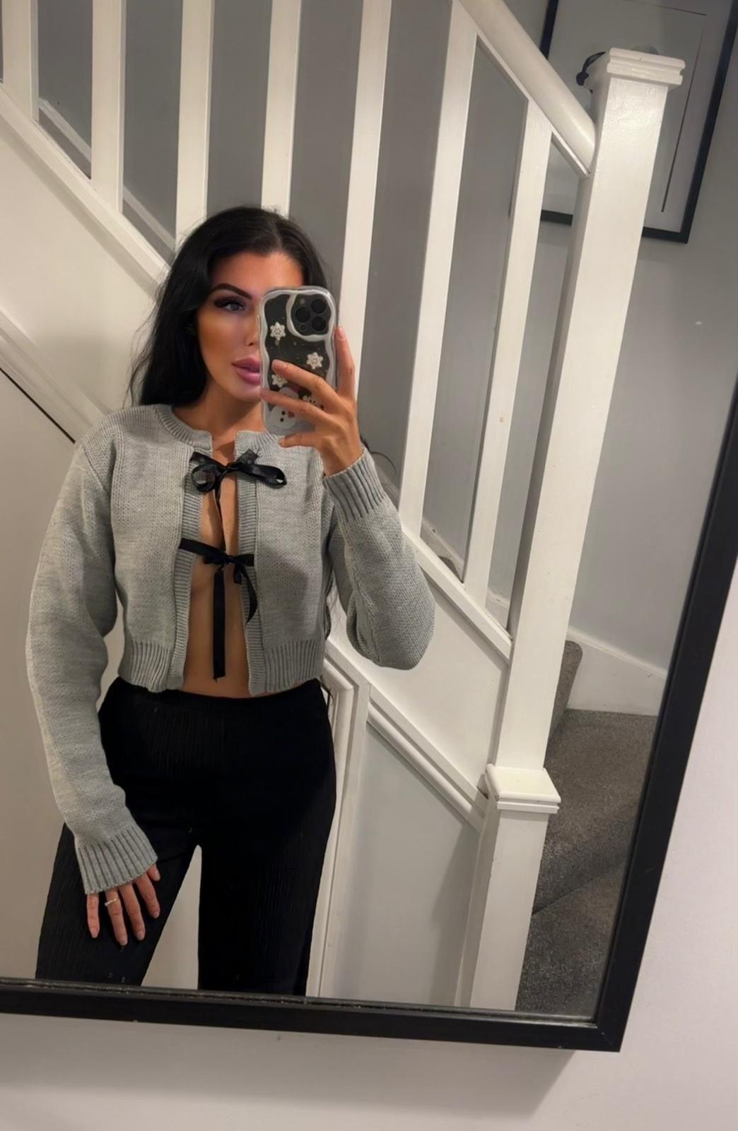 Milda Grey Knitted Silk Fastened Cardigan