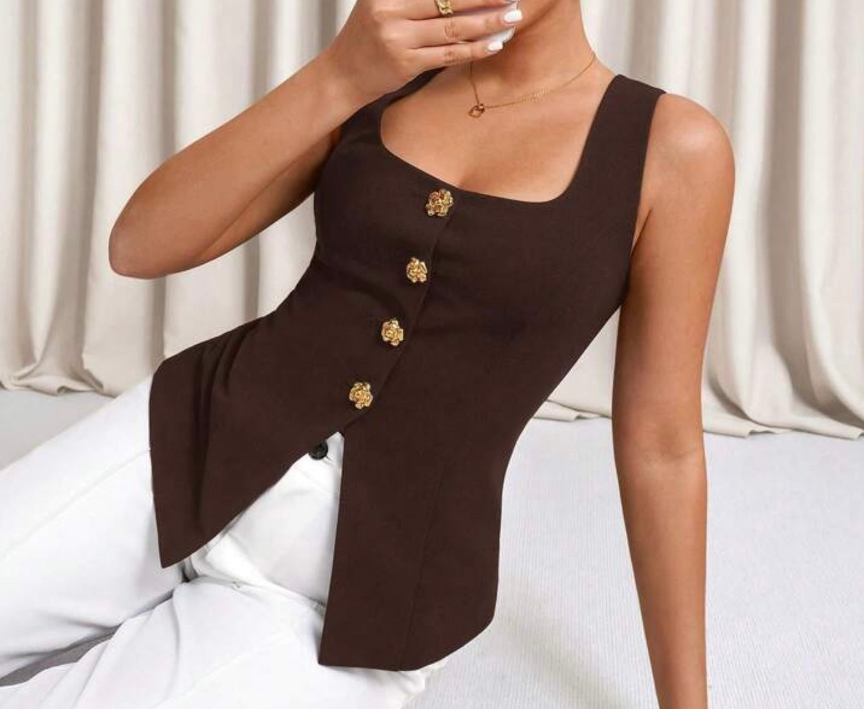 WOMENS FASHION SQUARE NECK GOLD BUTTON UP WAISTCOAT - BROWN