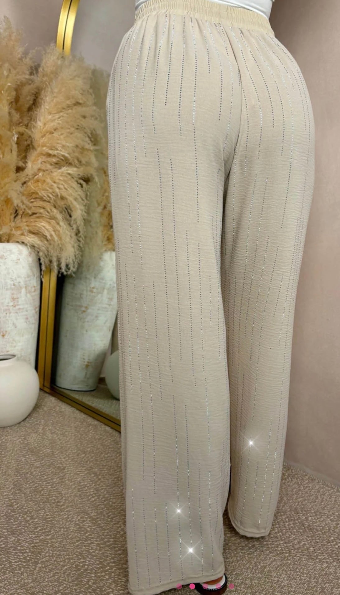 BEIGE DIAMANTÉ STRAIGHT LEG ELASTICISED TROUSERS